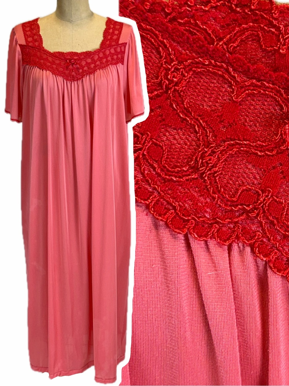 VINTAGE 80s hot pink silky nylon nightgown heart embroidered lace flutter sleeve